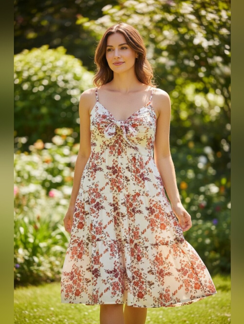 Trixxi Floral White Red Brown Sundress Spaghetti Straps Bow Front Lined Sz L